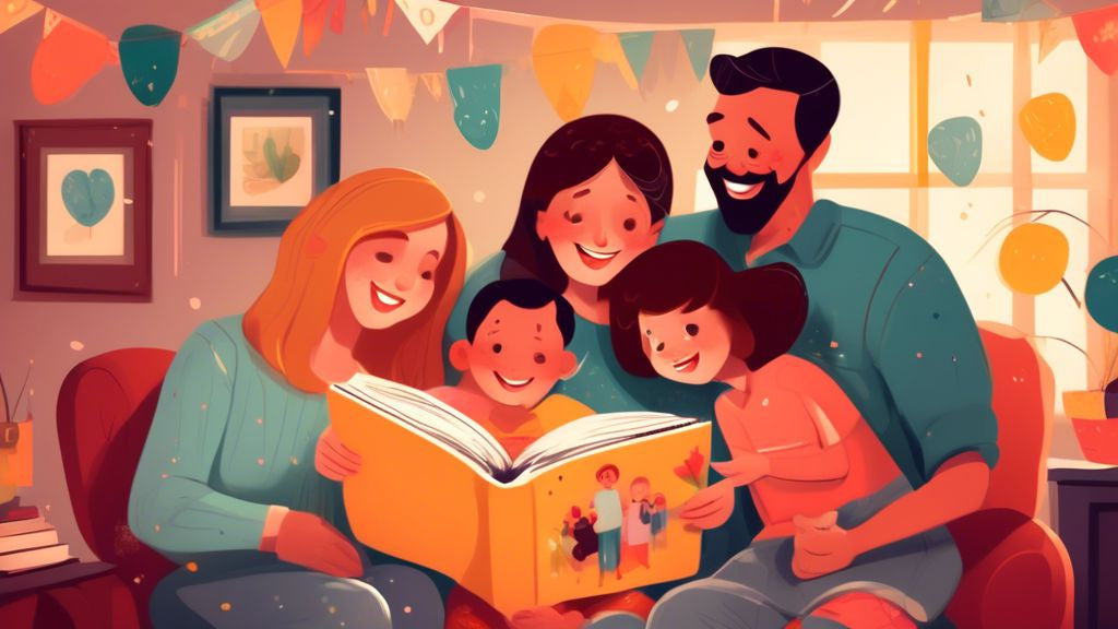 A cozy family evening where children are presenting a photo album filled with cherished memories to their smiling parents surrounded by anniversary decorations.