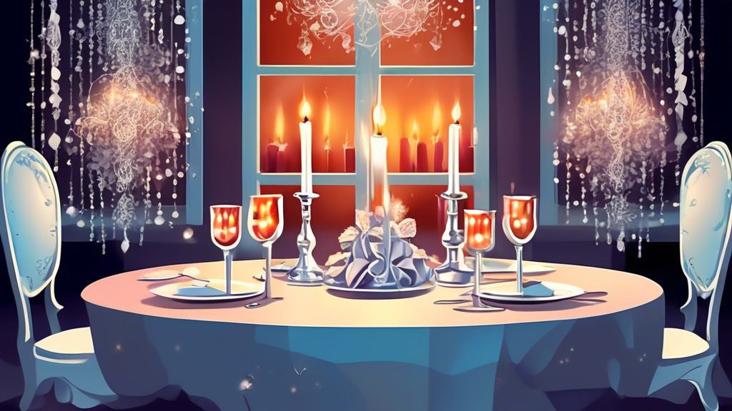 A romantic candlelit dinner set against a backdrop of gleaming silver decorations to celebrate a 23rd anniversary, with a hint of nostalgia in the air and a future full of promises ahead.