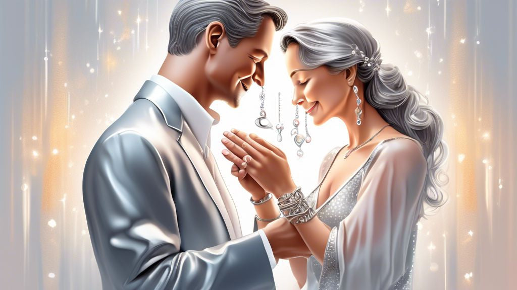 A romantic couple exchanging elegant silver jewelry as a gift, with a soft background of twinkling silver decorations celebrating their 24th wedding anniversary.