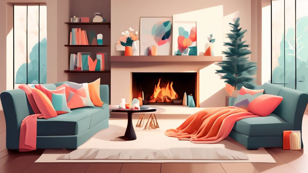 An elegant, modern living room filled with stylish cotton anniversary gifts including plush cotton throws, cozy matching cotton robes hanging by a fireplace, and chic cotton throw pillows scattered on a minimalist sofa, all in a harmonious color scheme.