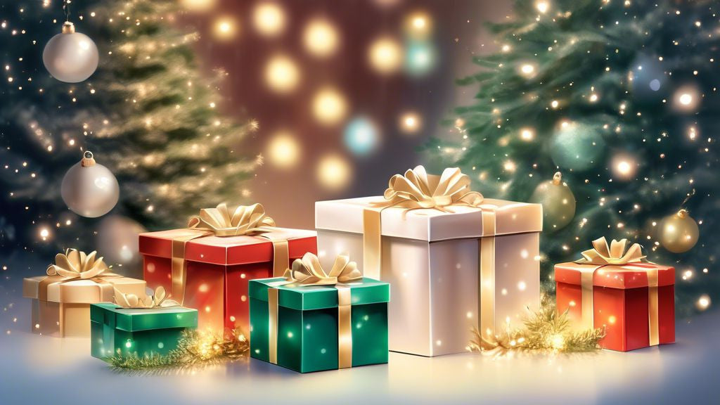 A festive holiday scene featuring elegantly wrapped gift boxes with shimmering moissanite jewelry from MoissaniteCo., surrounded by twinkling lights and evergreen decorations.