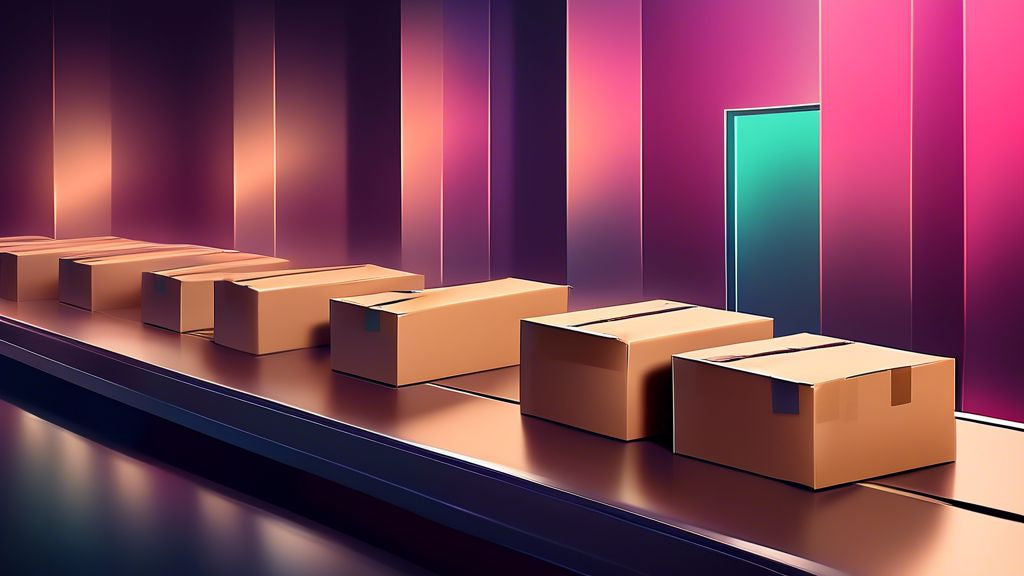 An illustrative scene showing a row of unbranded, plain cardboard boxes on a conveyor belt in a minimalist packaging facility, with soft, ambient lighting highlighting the concept of privacy and discreet packaging.