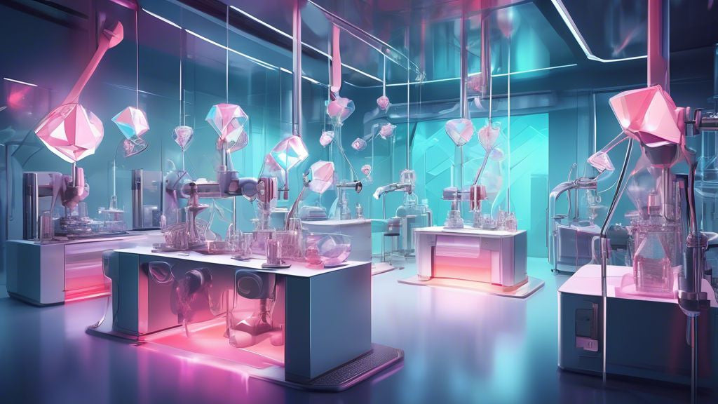 An intricate laboratory setup showcasing the process of creating CVD diamonds with a futuristic touch, highlighting the transition from natural to engineered brilliance.
