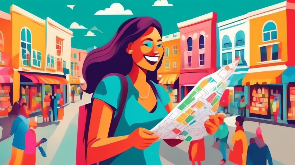 An enthusiastic shopper with a paper map in hand, searching for a vibrant and welcoming local store in a bustling, colorful town marketplace.
