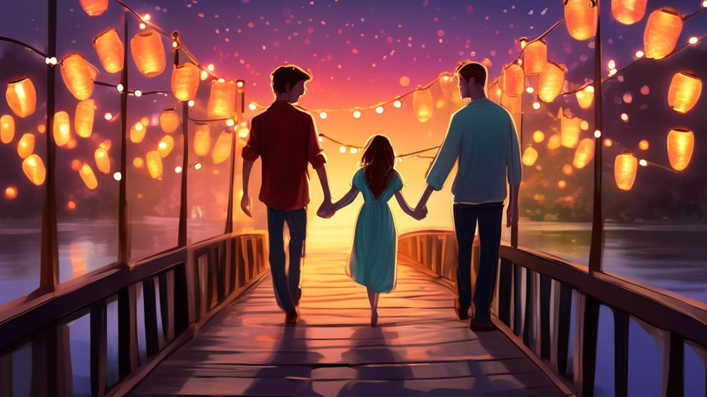 A romantic sunset view of Madison and Cameron walking hand-in-hand across a charming old bridge, with twinkling fairy lights and floating lanterns in the background, encapsulating their sparkling love story.