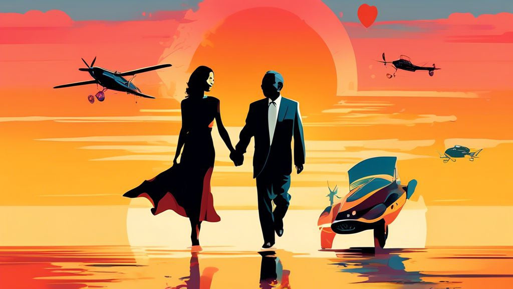 An elegant illustration of Michelle Yeoh and Jean Todt walking hand in hand on a romantic sunset beach, with silhouettes of racing cars and film reels subtly integrated into the sky, symbolizing their unique careers and beautiful love story.