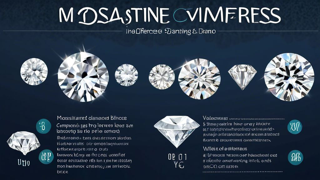 An elegant infographic illustrating the key differences and comparison between Moissanite and Diamond, including hardness, brilliance, and price, on a luxurious, sparkling background.
