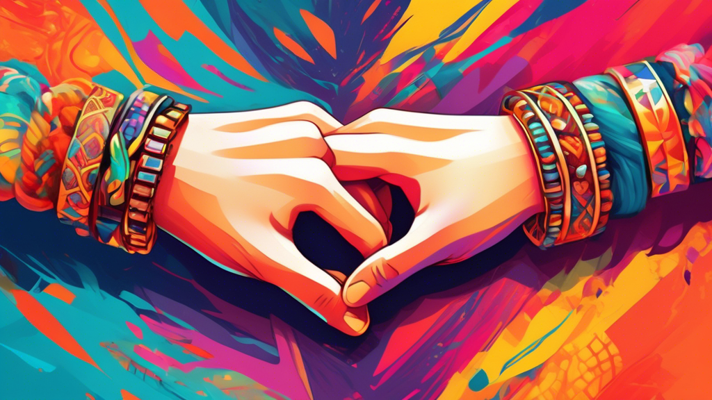 Illustrate two hands reaching towards each other, each adorned with intricately designed matching bracelets, set against a vibrant, abstract background that hints at a strong emotional bond.
