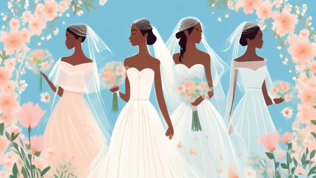 Illustration of a serene spring wedding, showcasing diverse brides elegantly adorned with mini veils, surrounded by a flutter of gentle pastel flowers, under a clear blue sky.