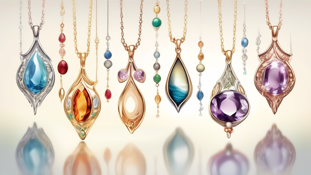 Create an elegant image showcasing a variety of beautiful pendants made from different precious stones and metals, each hanging delicately against a soft, ethereal background, with a light shimmer highlighting their unique designs.