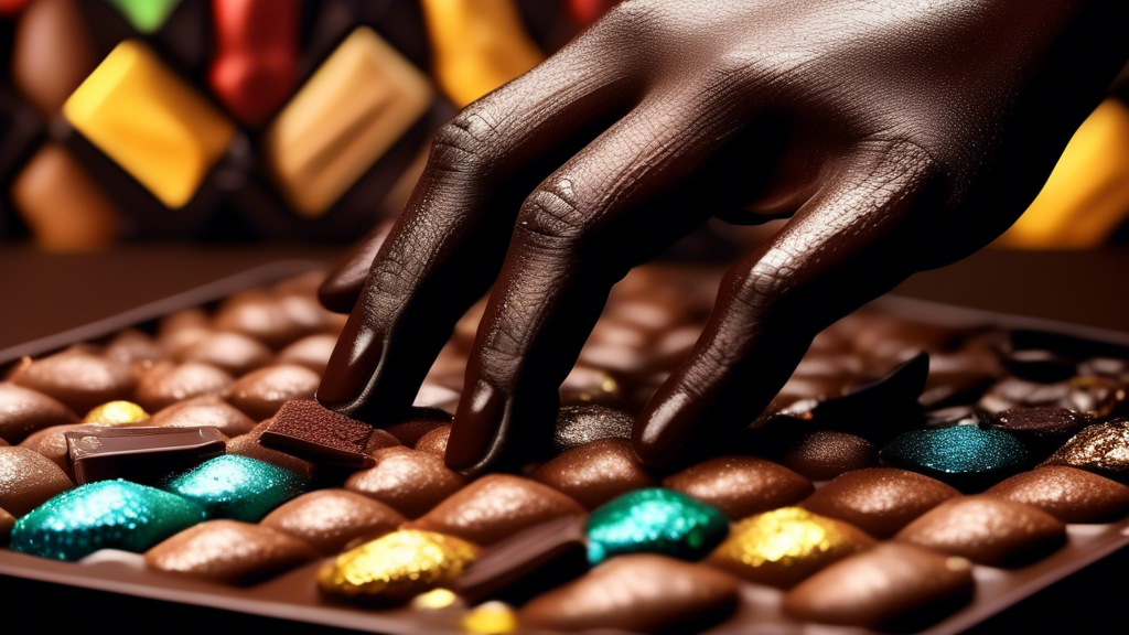 An elegant hand adorned with a sparkling chocolate diamond ring against a backdrop of luxurious dark chocolate bars and cocoa beans.
