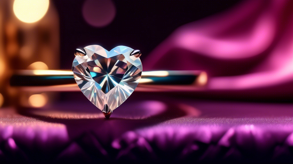 Close-up of a sparkling Hearts & Arrows Moissanite gemstone against a backdrop of luxurious velvet, illuminated by soft, ambient light, highlighting its precision cut and brilliant reflections.