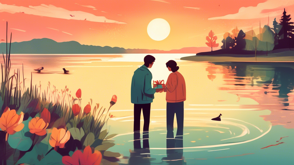 Emotional reunion of lifelong friends exchanging thoughtful gifts by a picturesque lake at sunset, with a hint of vintage charm.
