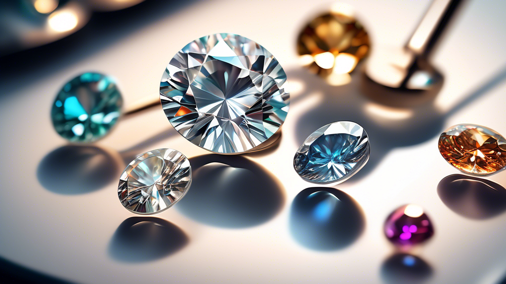 Close-up illustration of various moissanite gem sizes on a sophisticated digital scale, sparkling under elegant lighting, with a magnifying glass focusing on the brilliance of the largest stone.