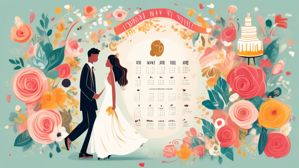 An illustrated timeline flowing across a calendar, adorned with wedding icons like rings, flowers, and cake, leading up to a confident couple happily walking down the aisle, all encapsulated by a romantic, celebratory atmosphere.