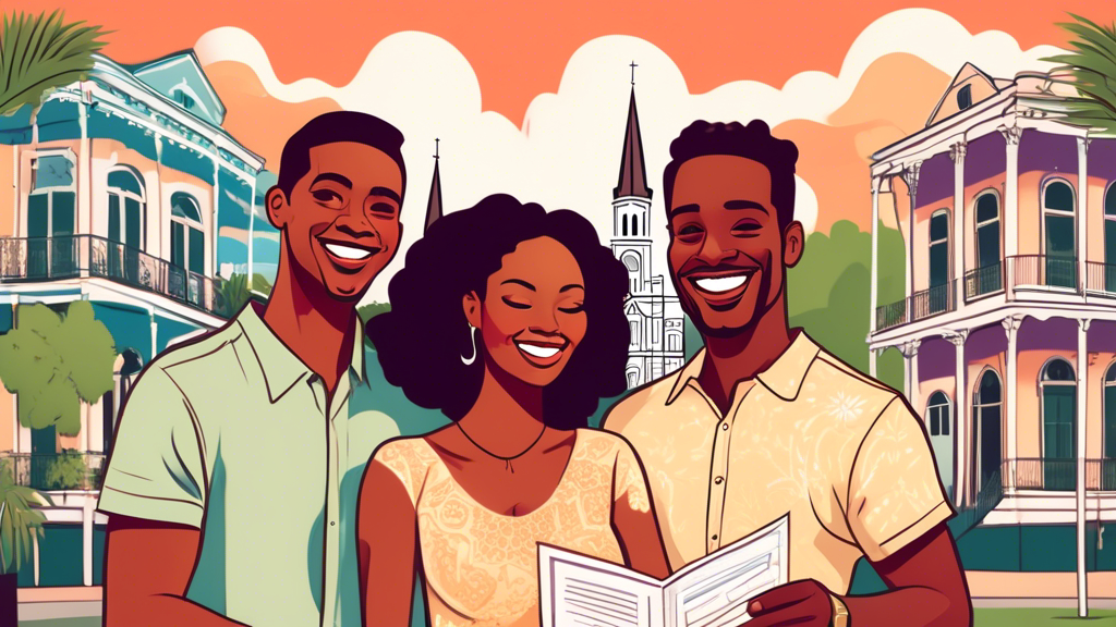A happy and diverse couple smiling while holding a simplified guide to applying for a marriage license in Louisiana, with iconic New Orleans architecture in the background.