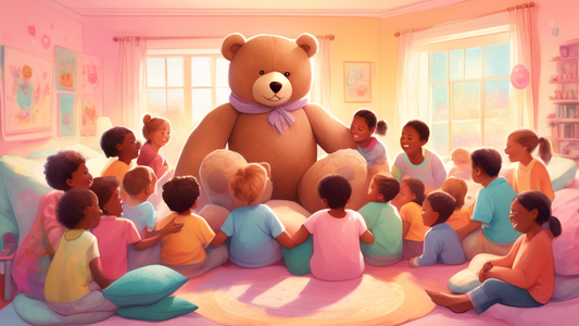 Dazzling, heartwarming image of a giant teddy bear enveloped in a cozy, glowing light, surrounded by a circle of diverse, joyful children of all ages, sharing hugs and stories in a pastel-colored room filled with soft pillows and laughter.