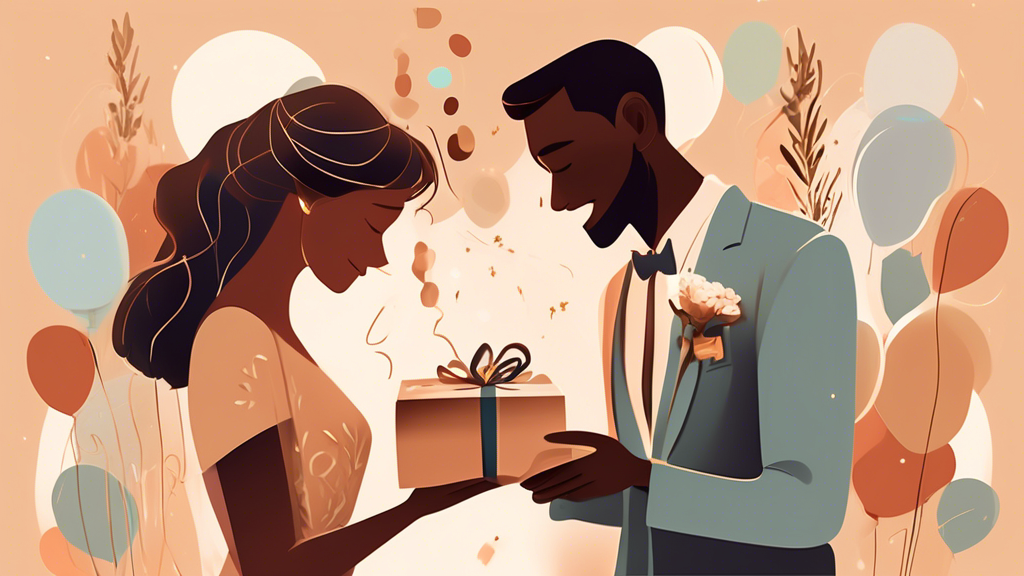 An elegant and happy couple exchanging beautifully crafted bronze gifts surrounded by anniversary decorations, with a muted color palette to convey warmth and timelessness.
