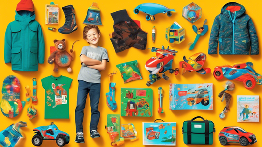 An illustrated collage of the top gift ideas for 9-year-old boys, featuring a variety of toys, educational items, and outdoor gear, set against a vibrant, festive background.
