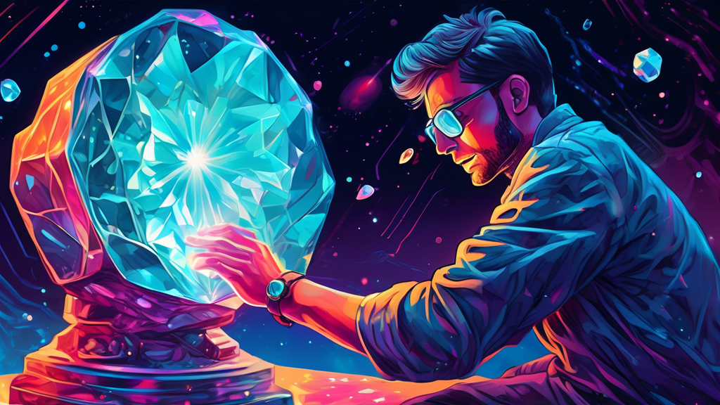 A stunning illustration of a person marveling at a glowing moissanite crystal under a microscope, highlighting its unique traits, against a cosmic background showcasing its extraterrestrial origins.
