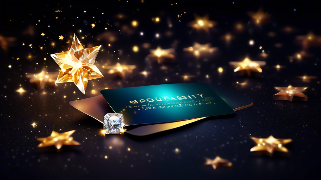 An elegant illustration of a radiant moissanite gemstone surrounded by glowing stars and sparkles, with a golden rewards card floating in the foreground, all set against a luxurious, dark background suggesting exclusivity and reward.