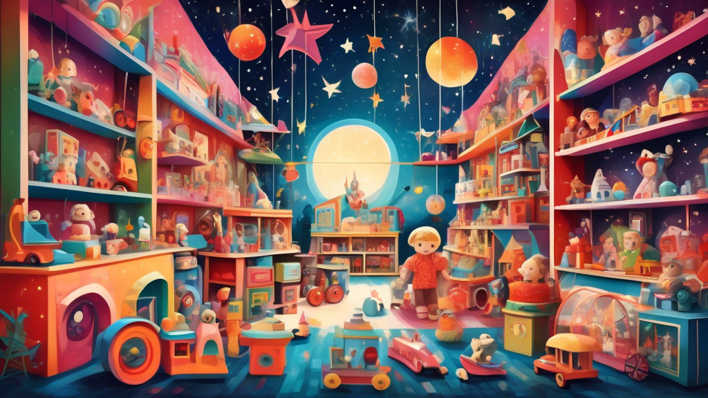 An enchanting toy store filled with a variety of colorful and whimsical toys from around the world, showcasing dolls, trains, building blocks, and vintage toys, under a magical, starry sky.