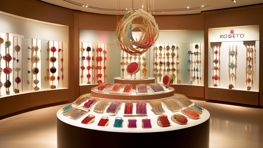 Create a luxurious boutique display highlighting an elegant collection of Roberto Coin necklaces, each with intricate designs, under warm, soft lighting that emphasizes the sparkle of their gems.