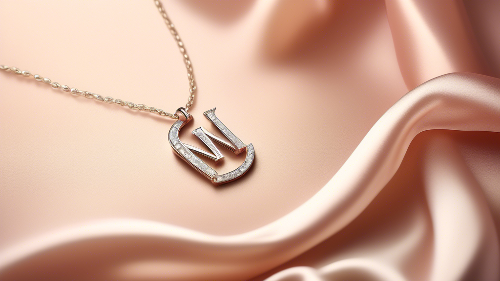 A close-up image of an elegant, sparkling diamond initial necklace, personalized with the letter 'M', gracefully draped over a luxurious silk background under soft, romantic lighting.