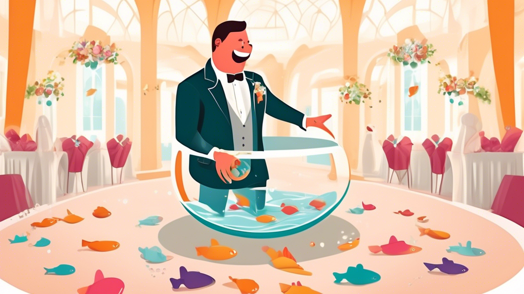 A humorous illustration of a best man accidentally dropping the wedding rings in a fishbowl, set in a beautifully decorated wedding venue.