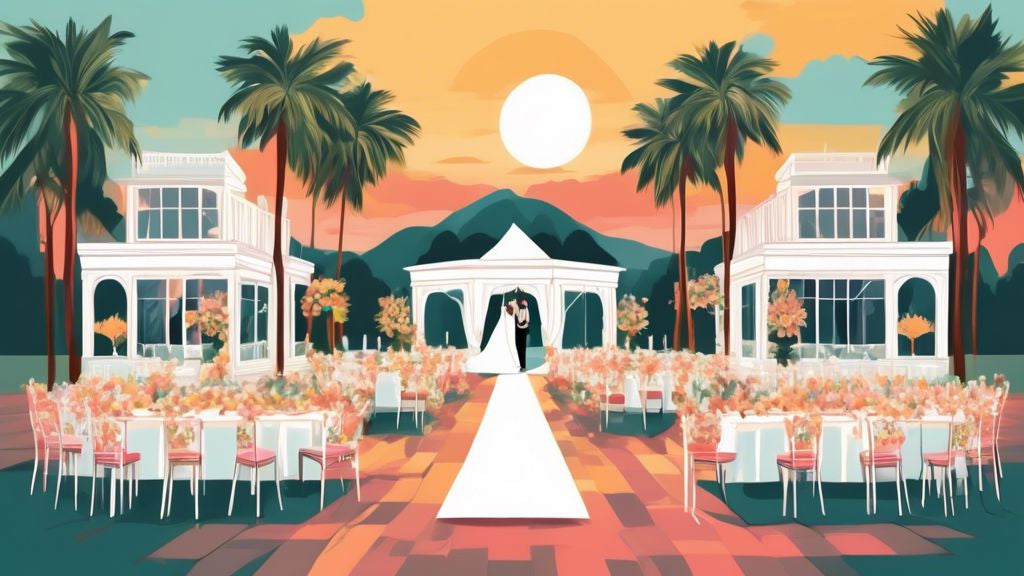 A series of elegant and diverse wedding venues across the United States, showcasing the scenic beauty and architectural marvels from coast to coast, set against sunsets and landscapes, capturing the essence of love and celebration.