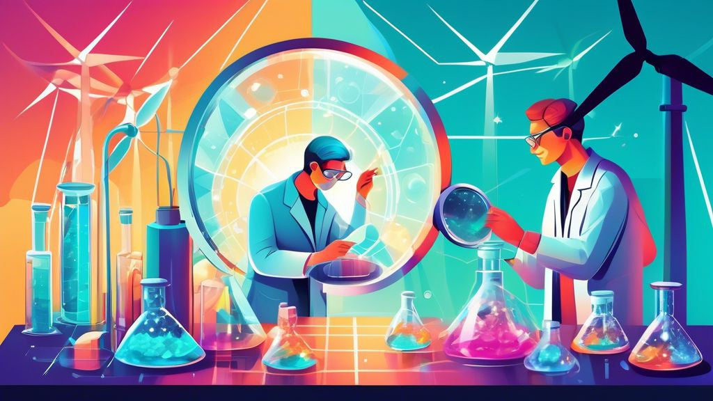 Create an image of a laboratory with scientists carefully examining a sparkling lab-grown diamond under a magnifying glass, with solar panels and wind turbines in the background to symbolize sustainability.