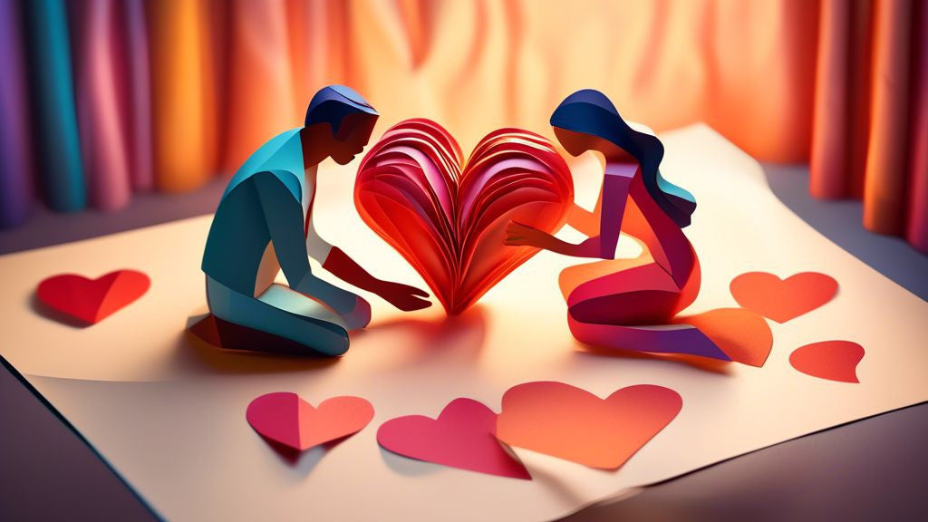 An illustration of a couple unwrapping an intricately designed paper sculpture of intertwined hearts, symbolizing their first wedding anniversary, with warm, soft lighting in the background to create a cozy and romantic atmosphere.