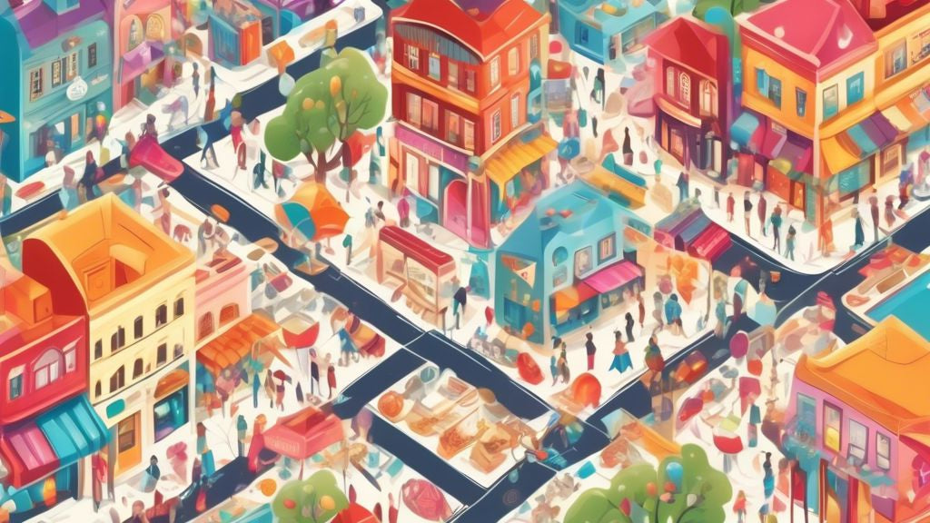 A detailed, vibrant map pinpointing various local jewelry buying and selling hotspots in a bustling cityscape, highlighted with gemstone icons and arrows leading to quaint shops, markets, and artisan boutiques.